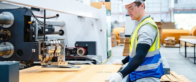man working machine paper and packaging